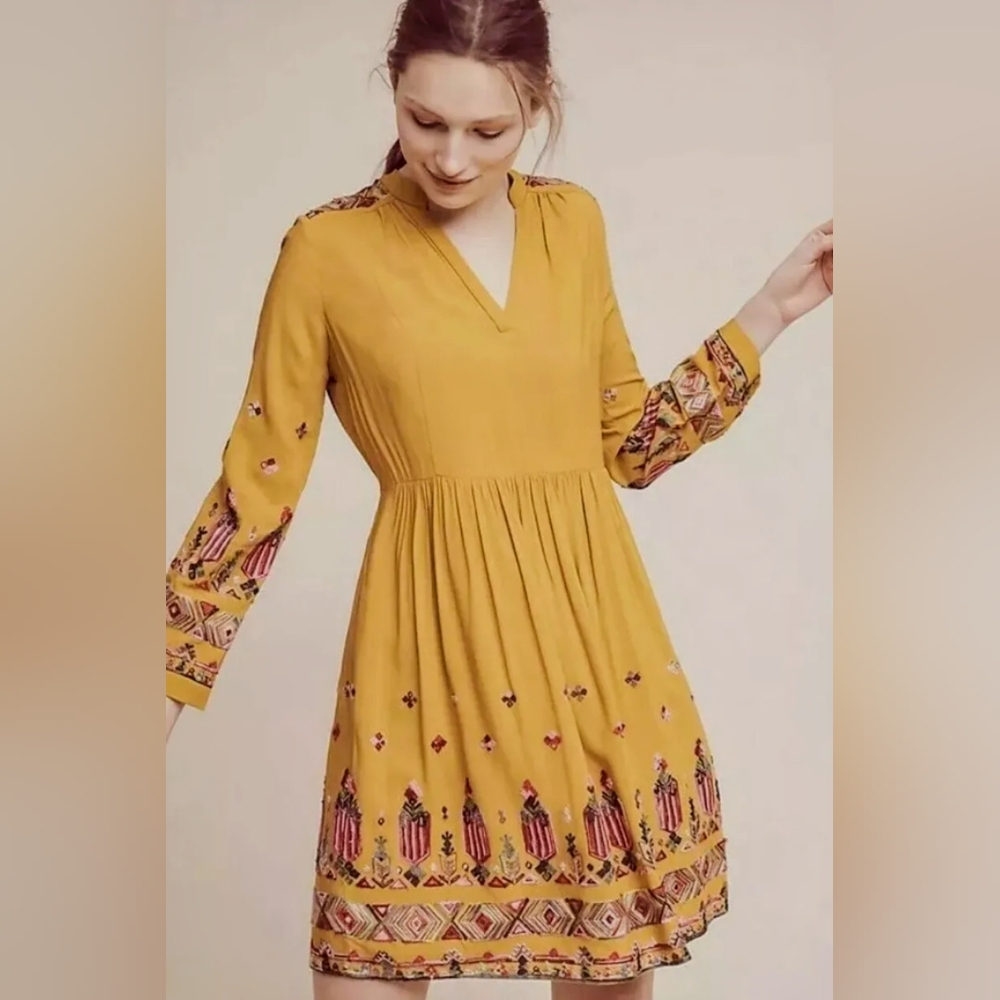 Anthropologie Floreat Raella Mustard Yellow Boho Embroidered Tunic Dress Small